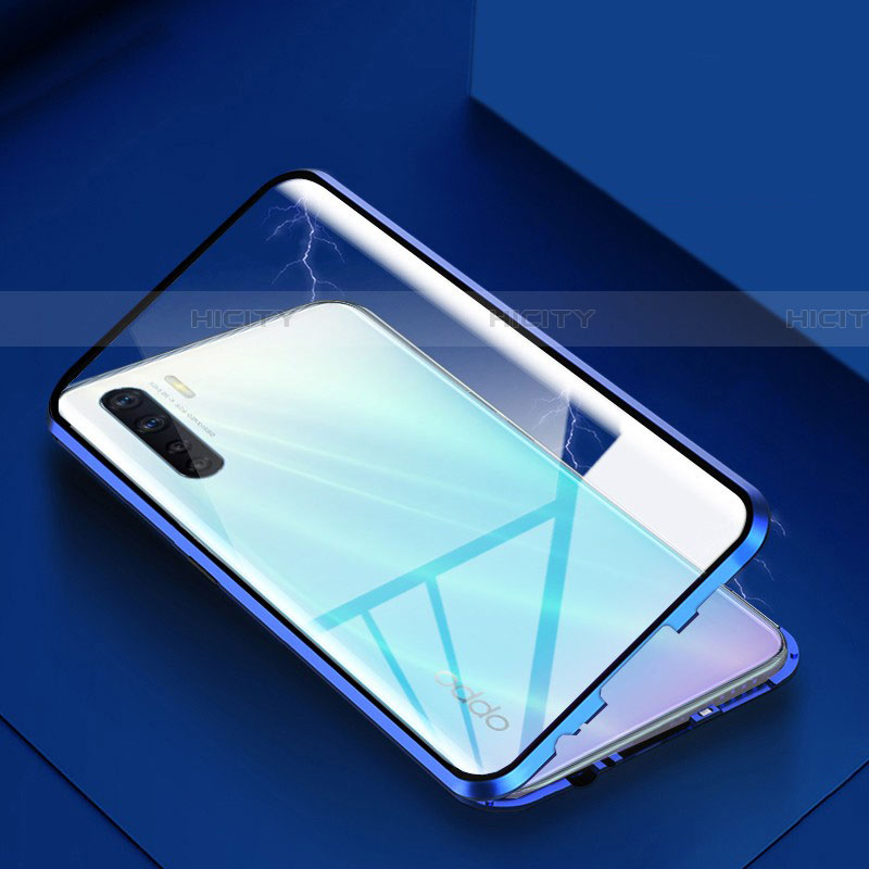 Coque Rebord Bumper Luxe Aluminum Metal Miroir 360 Degres Housse Etui Aimant pour Oppo A91 Bleu Plus