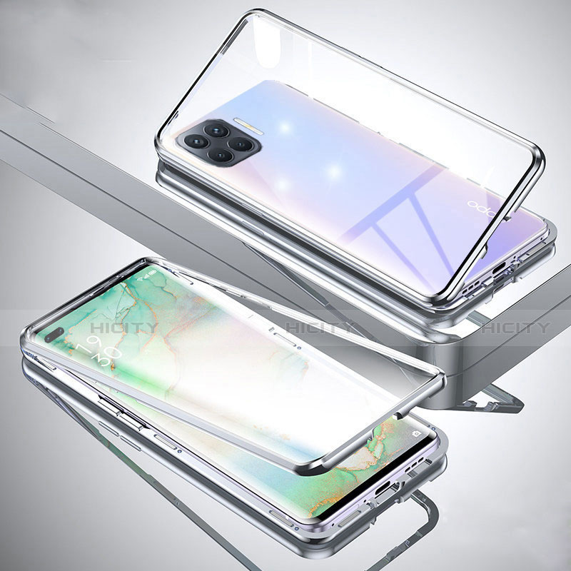 Coque Rebord Bumper Luxe Aluminum Metal Miroir 360 Degres Housse Etui Aimant pour Oppo A93 Argent Plus