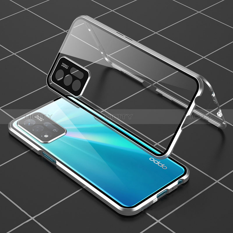 Coque Rebord Bumper Luxe Aluminum Metal Miroir 360 Degres Housse Etui Aimant pour Oppo A93s 5G Argent Plus