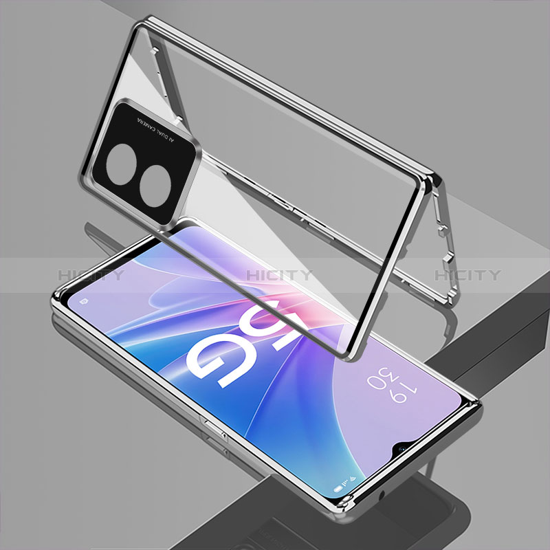 Coque Rebord Bumper Luxe Aluminum Metal Miroir 360 Degres Housse Etui Aimant pour Oppo F23 5G Argent Plus