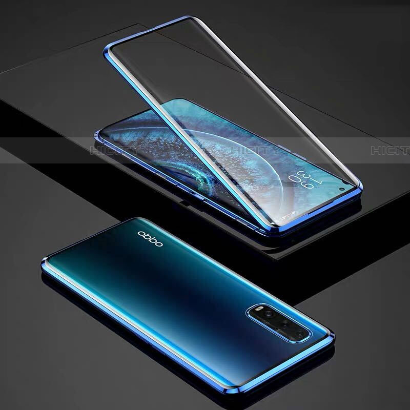 Coque Rebord Bumper Luxe Aluminum Metal Miroir 360 Degres Housse Etui Aimant pour Oppo Find X2 Bleu Plus