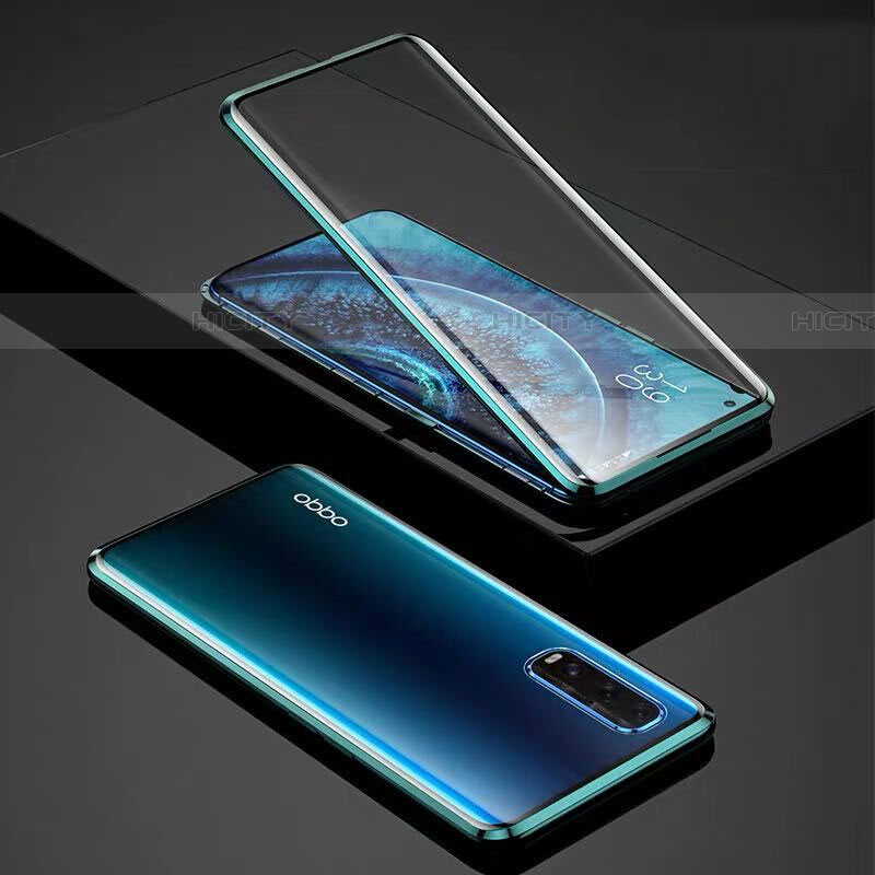 Coque Rebord Bumper Luxe Aluminum Metal Miroir 360 Degres Housse Etui Aimant pour Oppo Find X2 Cyan Plus