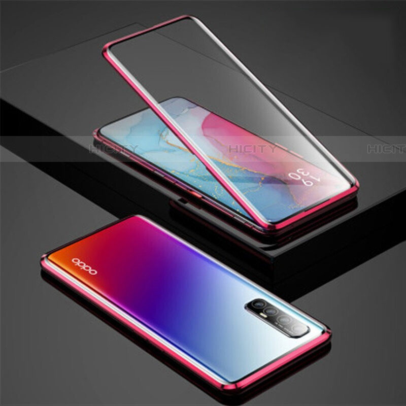 Coque Rebord Bumper Luxe Aluminum Metal Miroir 360 Degres Housse Etui Aimant pour Oppo Find X2 Neo Rouge Plus