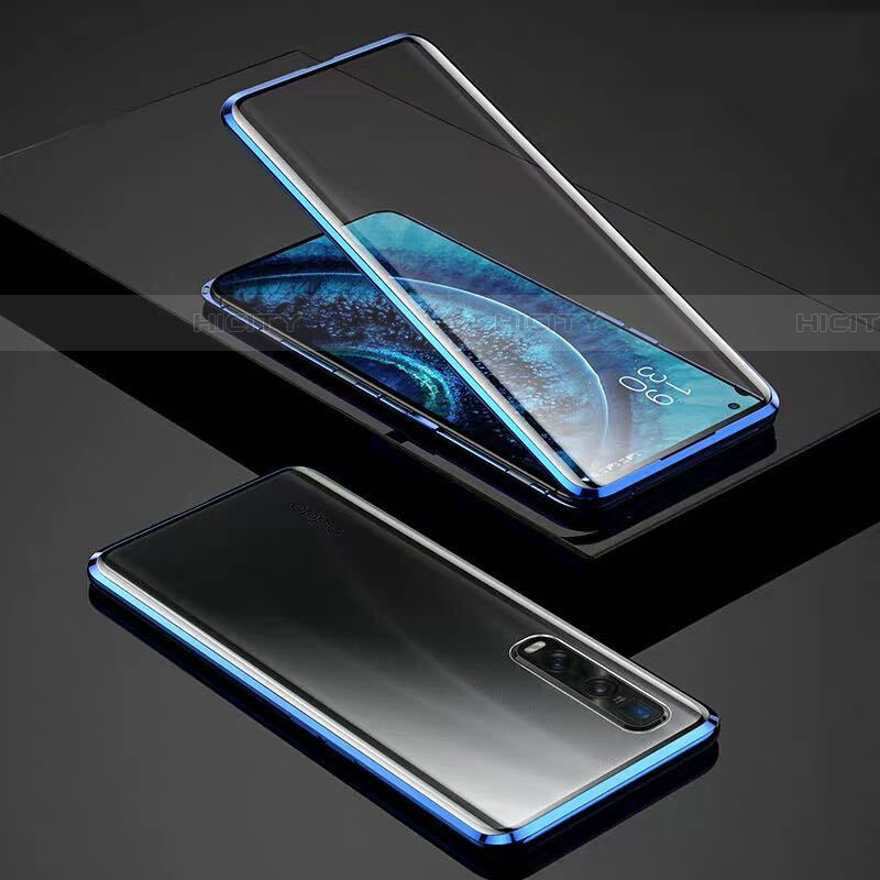 Coque Rebord Bumper Luxe Aluminum Metal Miroir 360 Degres Housse Etui Aimant pour Oppo Find X2 Pro Bleu Plus