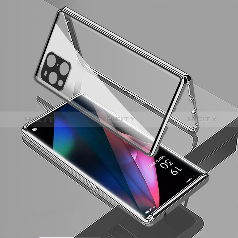 Coque Rebord Bumper Luxe Aluminum Metal Miroir 360 Degres Housse Etui Aimant pour Oppo Find X3 5G Argent Plus