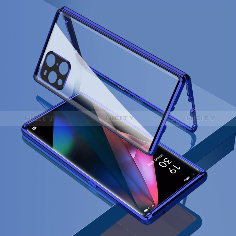 Coque Rebord Bumper Luxe Aluminum Metal Miroir 360 Degres Housse Etui Aimant pour Oppo Find X3 5G Bleu Plus