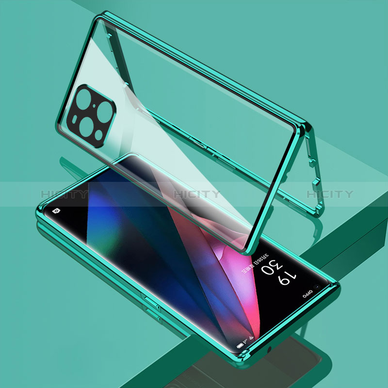 Coque Rebord Bumper Luxe Aluminum Metal Miroir 360 Degres Housse Etui Aimant pour Oppo Find X3 5G Vert Plus