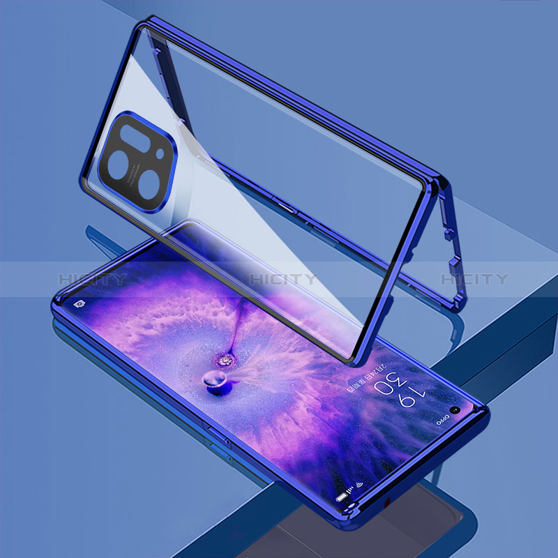 Coque Rebord Bumper Luxe Aluminum Metal Miroir 360 Degres Housse Etui Aimant pour Oppo Find X5 5G Bleu Plus