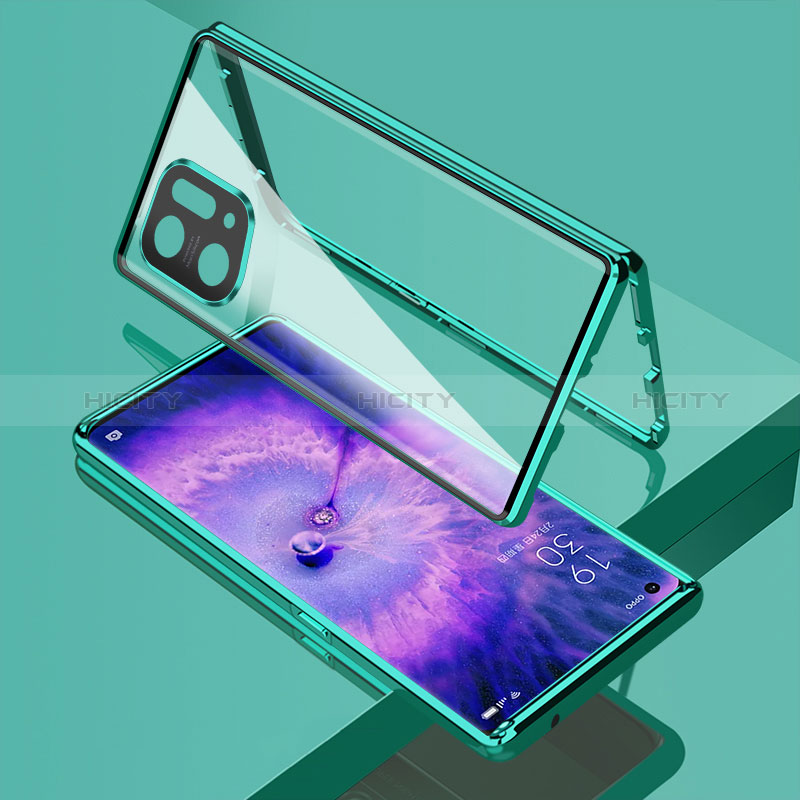 Coque Rebord Bumper Luxe Aluminum Metal Miroir 360 Degres Housse Etui Aimant pour Oppo Find X5 5G Vert Plus