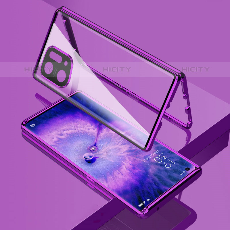 Coque Rebord Bumper Luxe Aluminum Metal Miroir 360 Degres Housse Etui Aimant pour Oppo Find X5 Pro 5G Violet Plus