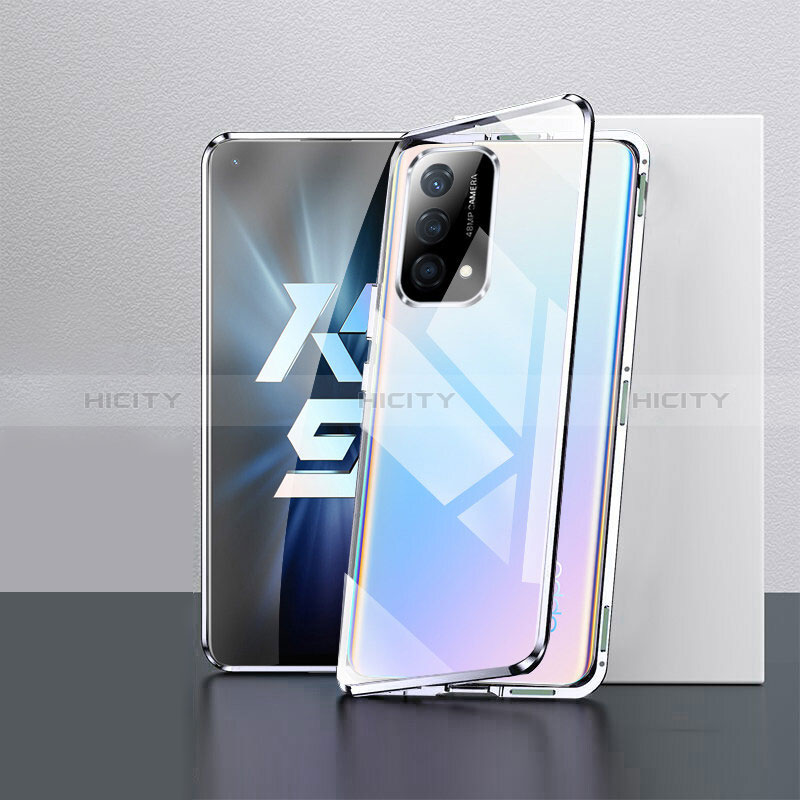 Coque Rebord Bumper Luxe Aluminum Metal Miroir 360 Degres Housse Etui Aimant pour Oppo K9 5G Argent Plus