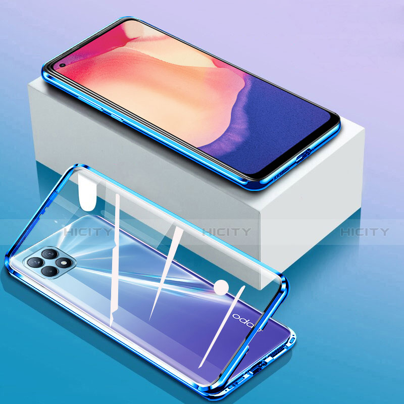 Coque Rebord Bumper Luxe Aluminum Metal Miroir 360 Degres Housse Etui Aimant pour Oppo Reno4 SE 5G Bleu Plus