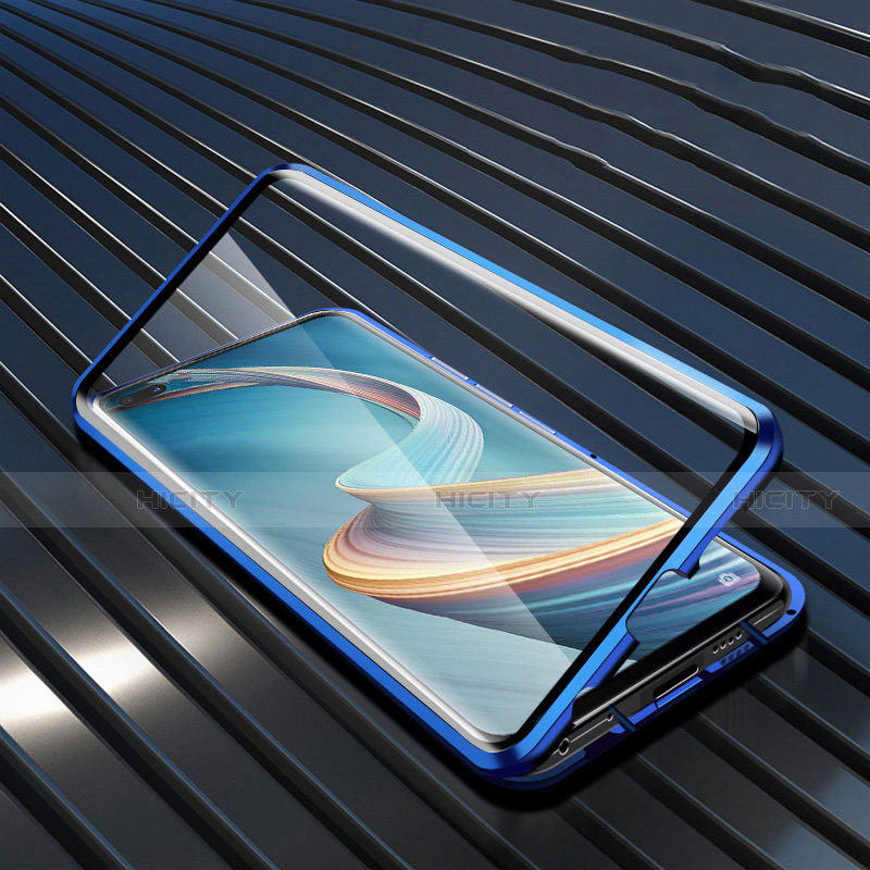 Coque Rebord Bumper Luxe Aluminum Metal Miroir 360 Degres Housse Etui Aimant pour Oppo Reno4 Z 5G Bleu Plus