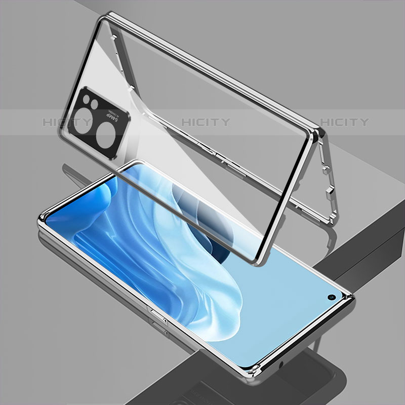 Coque Rebord Bumper Luxe Aluminum Metal Miroir 360 Degres Housse Etui Aimant pour Oppo Reno7 SE 5G Argent Plus