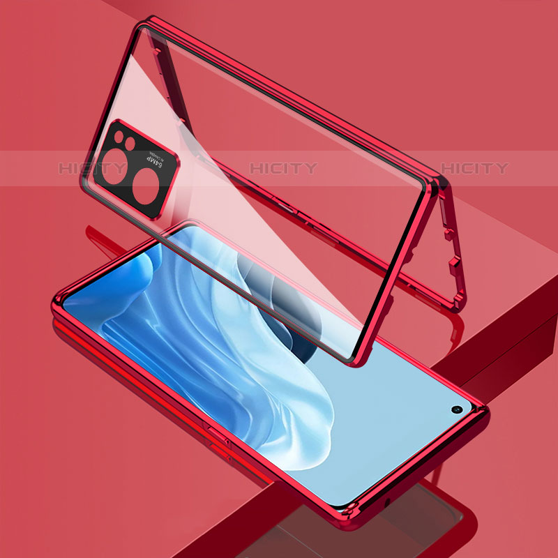 Coque Rebord Bumper Luxe Aluminum Metal Miroir 360 Degres Housse Etui Aimant pour Oppo Reno7 SE 5G Rouge Plus