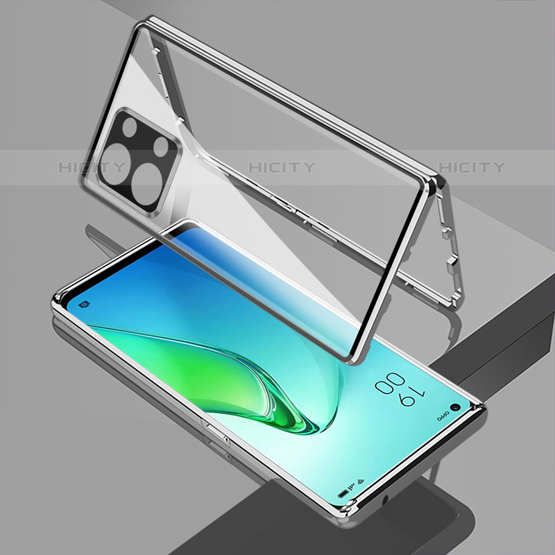 Coque Rebord Bumper Luxe Aluminum Metal Miroir 360 Degres Housse Etui Aimant pour Oppo Reno8 5G Argent Plus