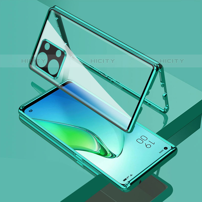 Coque Rebord Bumper Luxe Aluminum Metal Miroir 360 Degres Housse Etui Aimant pour Oppo Reno8 5G Vert Plus