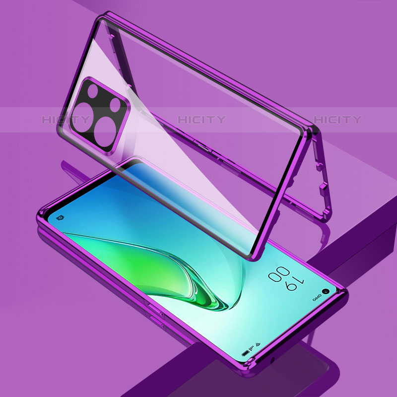 Coque Rebord Bumper Luxe Aluminum Metal Miroir 360 Degres Housse Etui Aimant pour Oppo Reno8 5G Violet Plus