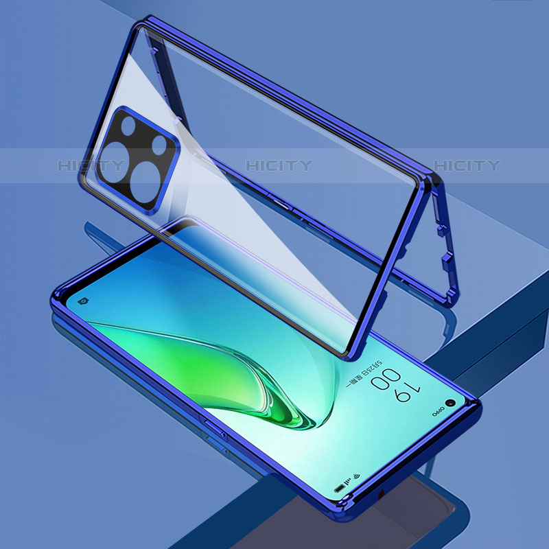 Coque Rebord Bumper Luxe Aluminum Metal Miroir 360 Degres Housse Etui Aimant pour Oppo Reno8 Pro 5G Bleu Plus