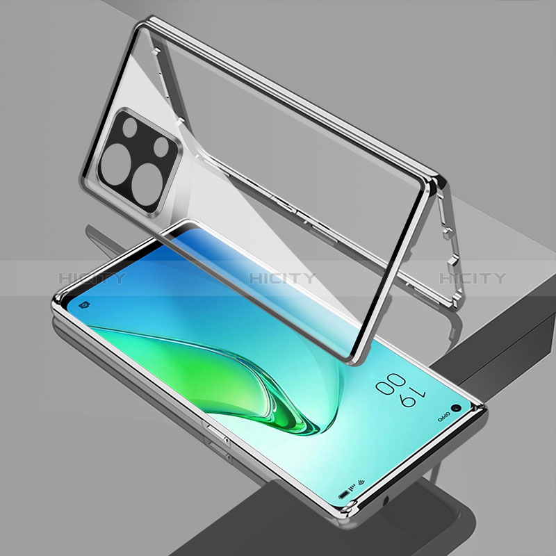 Coque Rebord Bumper Luxe Aluminum Metal Miroir 360 Degres Housse Etui Aimant pour Oppo Reno9 Pro+ Plus 5G Argent Plus