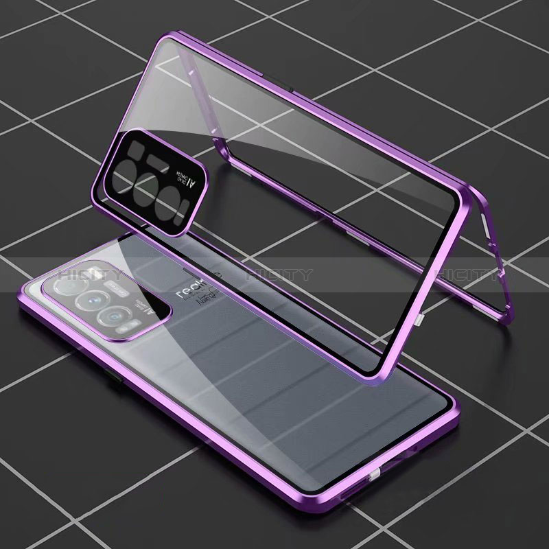 Coque Rebord Bumper Luxe Aluminum Metal Miroir 360 Degres Housse Etui Aimant pour Realme GT Master Explorer 5G Violet Plus