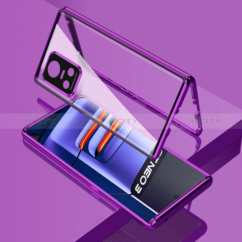 Coque Rebord Bumper Luxe Aluminum Metal Miroir 360 Degres Housse Etui Aimant pour Realme GT Neo3 5G Violet Plus