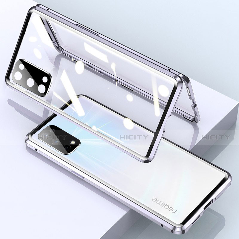 Coque Rebord Bumper Luxe Aluminum Metal Miroir 360 Degres Housse Etui Aimant pour Realme V15 5G Argent Plus