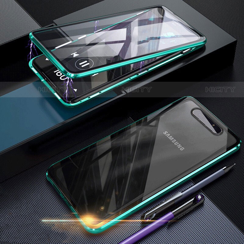 Coque Rebord Bumper Luxe Aluminum Metal Miroir 360 Degres Housse Etui Aimant pour Samsung Galaxy A80 Vert Plus