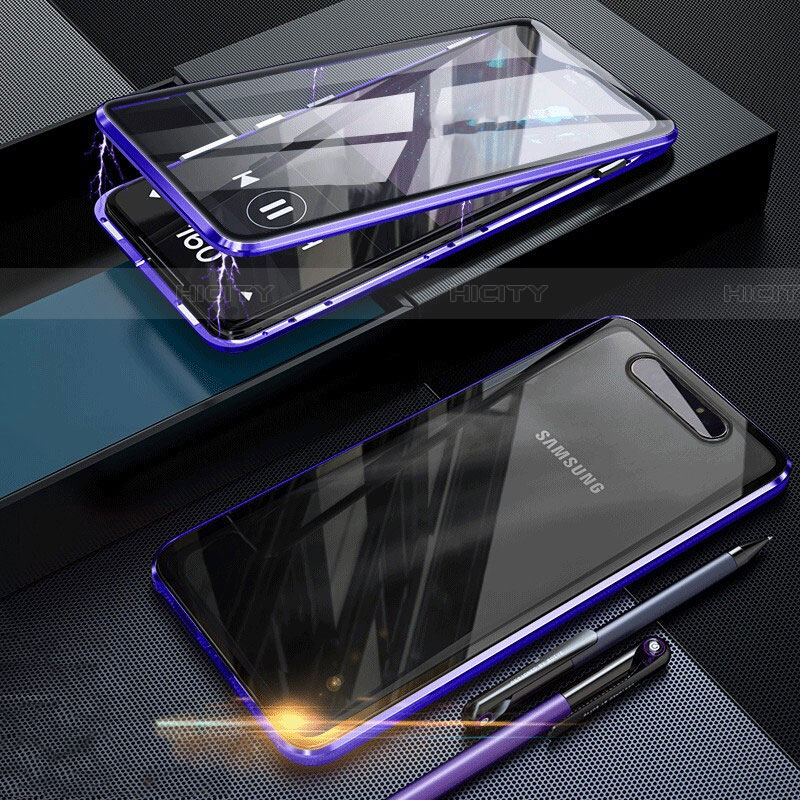 Coque Rebord Bumper Luxe Aluminum Metal Miroir 360 Degres Housse Etui Aimant pour Samsung Galaxy A90 4G Bleu Plus