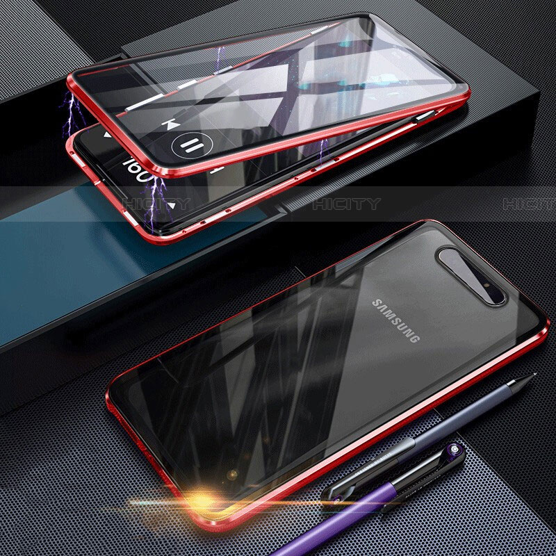 Coque Rebord Bumper Luxe Aluminum Metal Miroir 360 Degres Housse Etui Aimant pour Samsung Galaxy A90 4G Rouge Plus