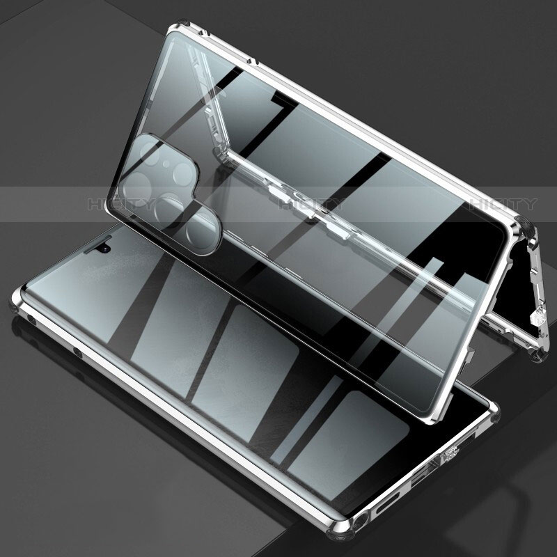 Coque Rebord Bumper Luxe Aluminum Metal Miroir 360 Degres Housse Etui Aimant pour Samsung Galaxy S21 Ultra 5G Argent Plus