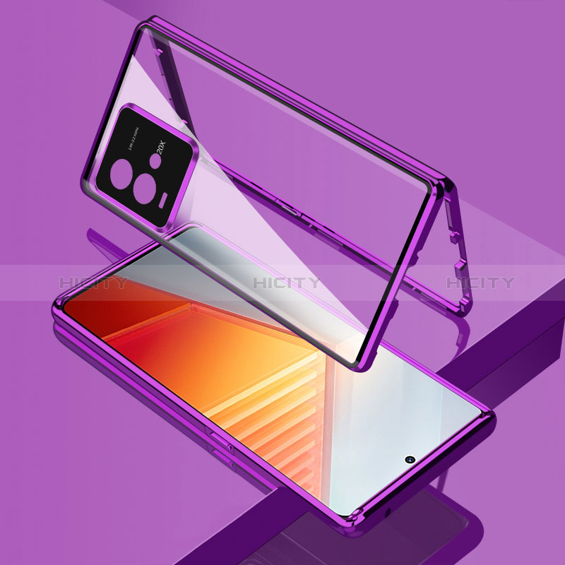 Coque Rebord Bumper Luxe Aluminum Metal Miroir 360 Degres Housse Etui Aimant pour Vivo iQOO 10 5G Violet Plus