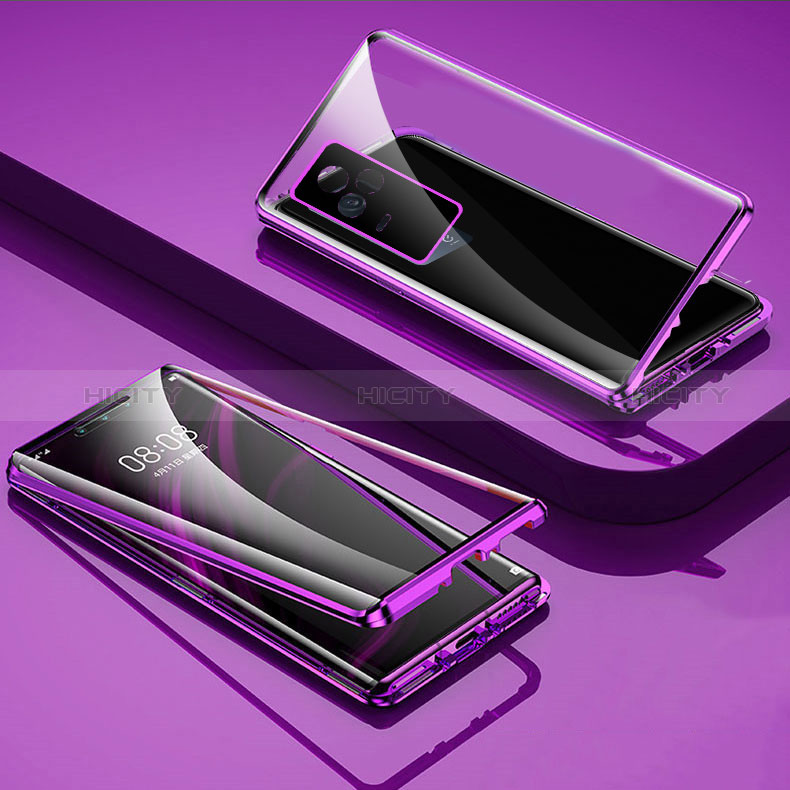 Coque Rebord Bumper Luxe Aluminum Metal Miroir 360 Degres Housse Etui Aimant pour Vivo iQOO 7 5G Violet Plus