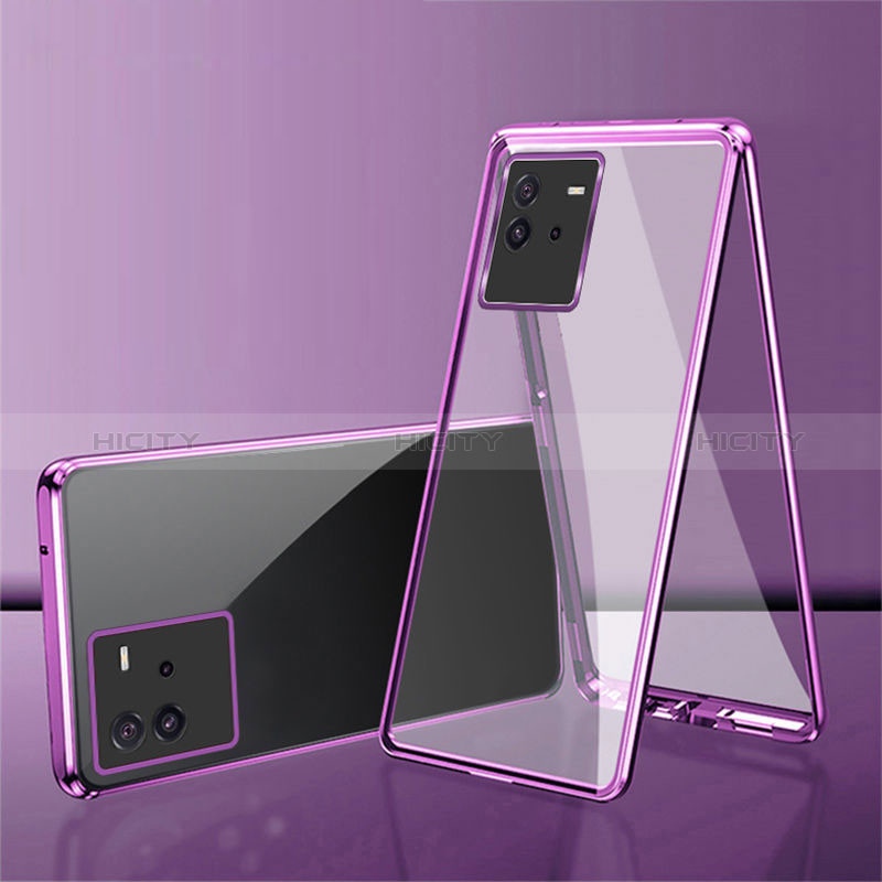 Coque Rebord Bumper Luxe Aluminum Metal Miroir 360 Degres Housse Etui Aimant pour Vivo iQOO Neo6 5G Violet Plus