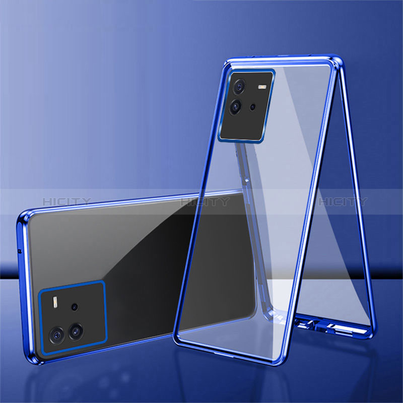 Coque Rebord Bumper Luxe Aluminum Metal Miroir 360 Degres Housse Etui Aimant pour Vivo iQOO Neo6 SE 5G Bleu Plus