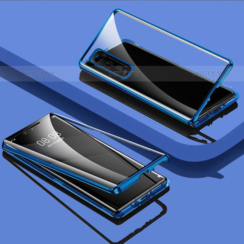 Coque Rebord Bumper Luxe Aluminum Metal Miroir 360 Degres Housse Etui Aimant pour Vivo iQOO U1 Bleu Plus