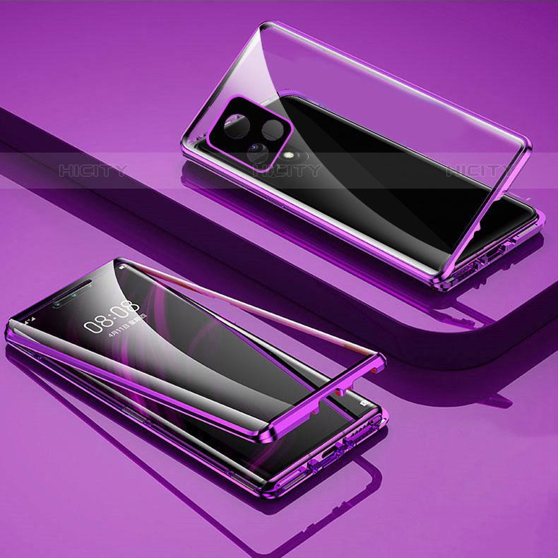 Coque Rebord Bumper Luxe Aluminum Metal Miroir 360 Degres Housse Etui Aimant pour Vivo iQOO U3x 5G Violet Plus