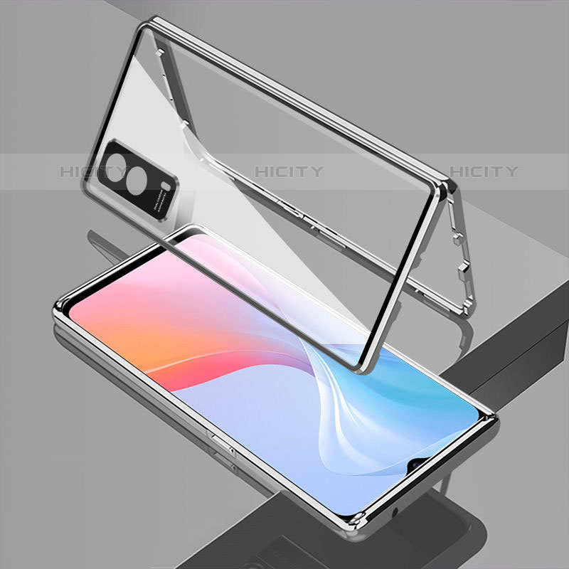 Coque Rebord Bumper Luxe Aluminum Metal Miroir 360 Degres Housse Etui Aimant pour Vivo iQOO Z5x 5G Argent Plus