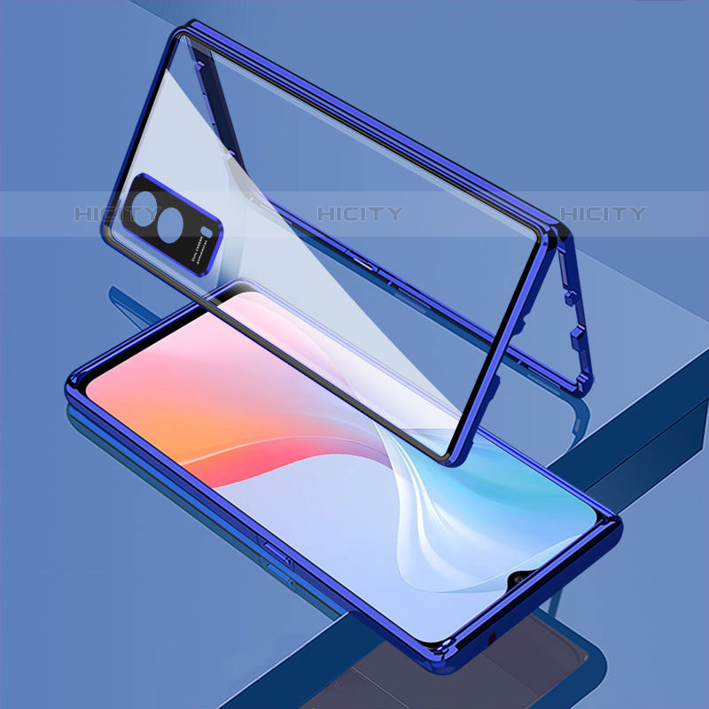 Coque Rebord Bumper Luxe Aluminum Metal Miroir 360 Degres Housse Etui Aimant pour Vivo iQOO Z5x 5G Bleu Plus