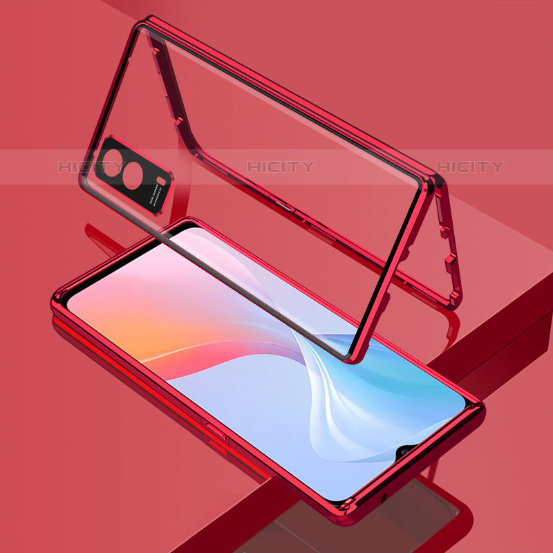 Coque Rebord Bumper Luxe Aluminum Metal Miroir 360 Degres Housse Etui Aimant pour Vivo iQOO Z5x 5G Rouge Plus