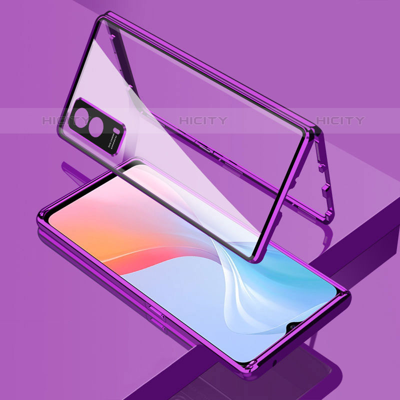 Coque Rebord Bumper Luxe Aluminum Metal Miroir 360 Degres Housse Etui Aimant pour Vivo iQOO Z5x 5G Violet Plus