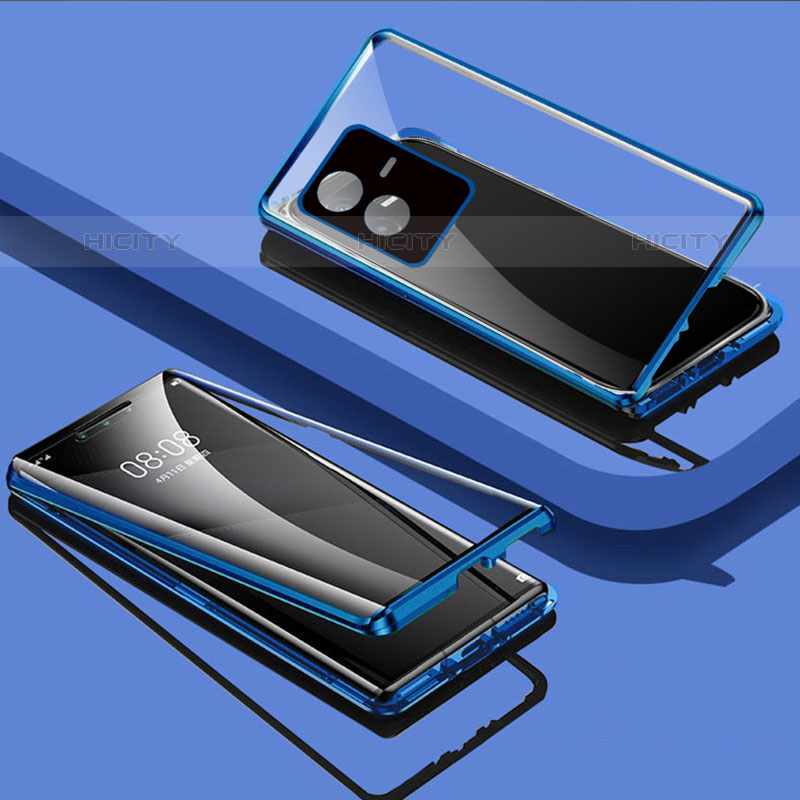 Coque Rebord Bumper Luxe Aluminum Metal Miroir 360 Degres Housse Etui Aimant pour Vivo iQOO Z6x Bleu Plus