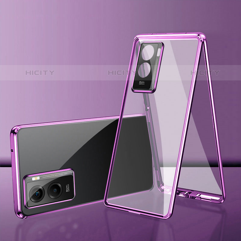 Coque Rebord Bumper Luxe Aluminum Metal Miroir 360 Degres Housse Etui Aimant pour Vivo iQOO Z7x 5G Violet Plus