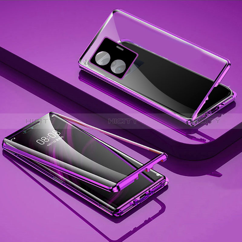 Coque Rebord Bumper Luxe Aluminum Metal Miroir 360 Degres Housse Etui Aimant pour Vivo T1 5G Violet Plus