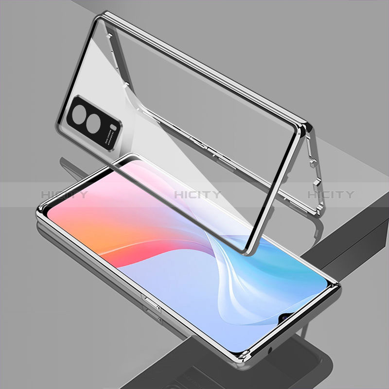 Coque Rebord Bumper Luxe Aluminum Metal Miroir 360 Degres Housse Etui Aimant pour Vivo T1x 5G Argent Plus