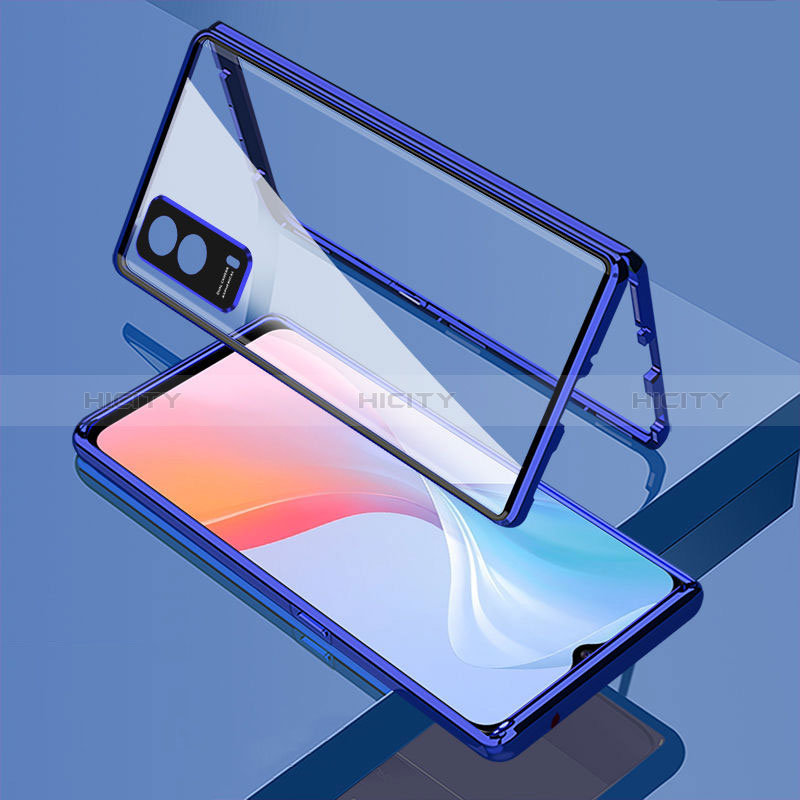 Coque Rebord Bumper Luxe Aluminum Metal Miroir 360 Degres Housse Etui Aimant pour Vivo T1x 5G Bleu Plus