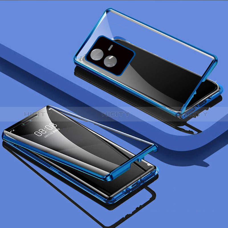 Coque Rebord Bumper Luxe Aluminum Metal Miroir 360 Degres Housse Etui Aimant pour Vivo T2x 5G Bleu Plus