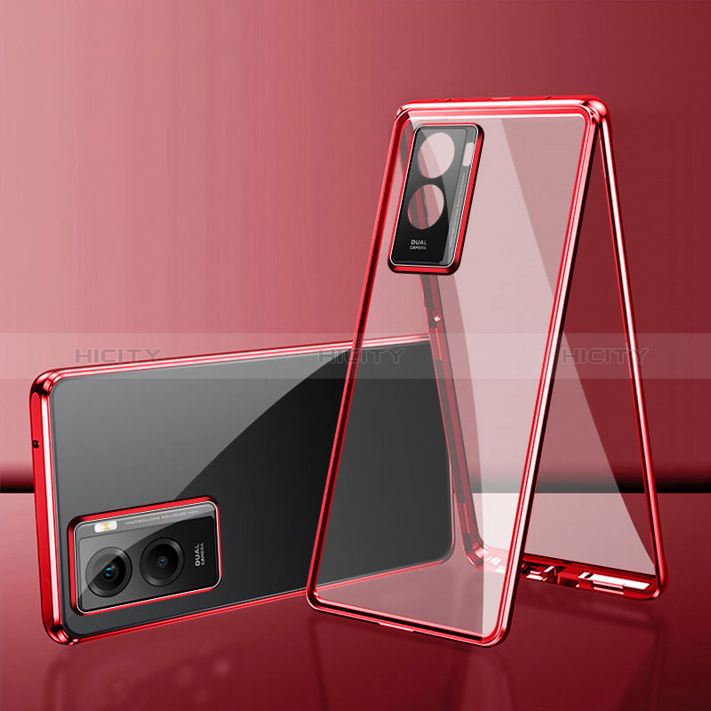 Coque Rebord Bumper Luxe Aluminum Metal Miroir 360 Degres Housse Etui Aimant pour Vivo T2x 5G V2253 Rouge Plus