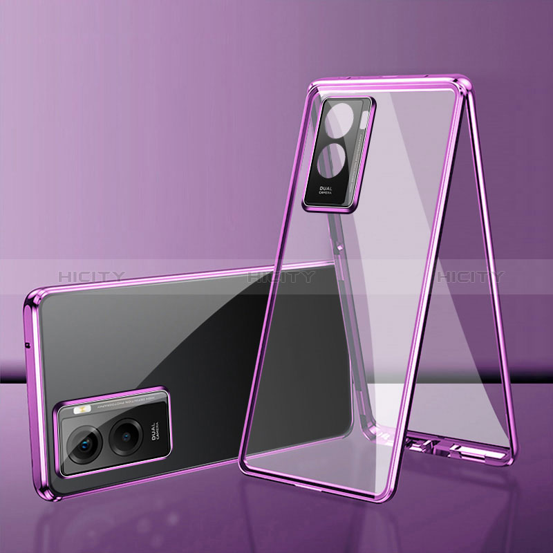 Coque Rebord Bumper Luxe Aluminum Metal Miroir 360 Degres Housse Etui Aimant pour Vivo T2x 5G V2253 Violet Plus