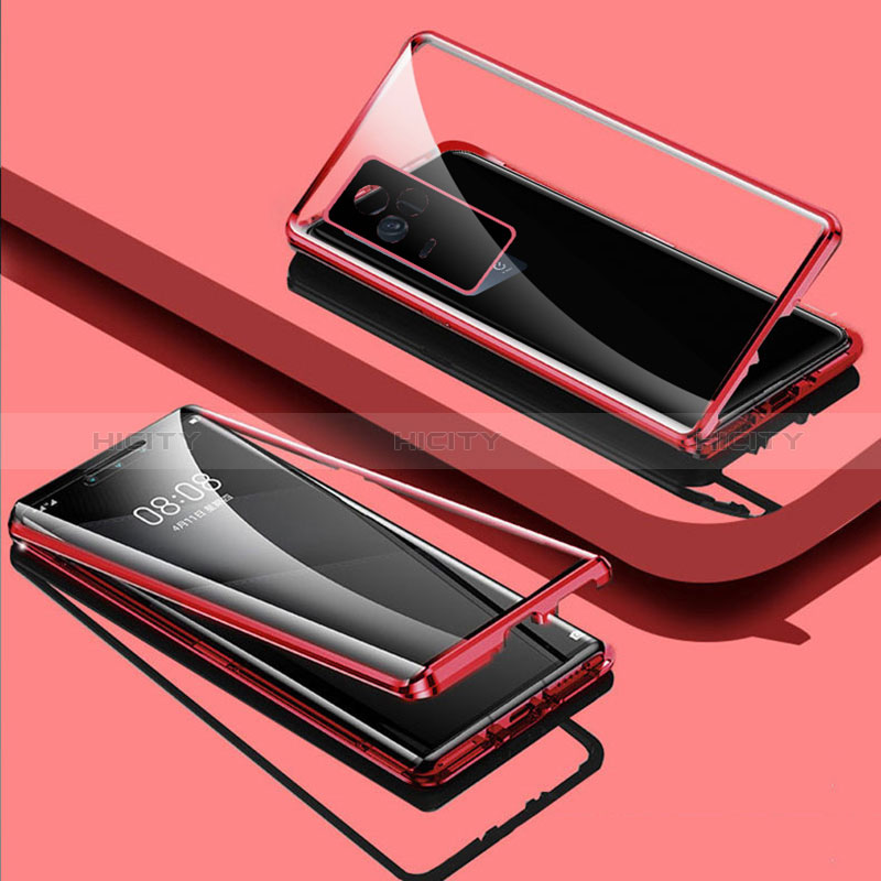 Coque Rebord Bumper Luxe Aluminum Metal Miroir 360 Degres Housse Etui Aimant pour Vivo V21 5G Rouge Plus